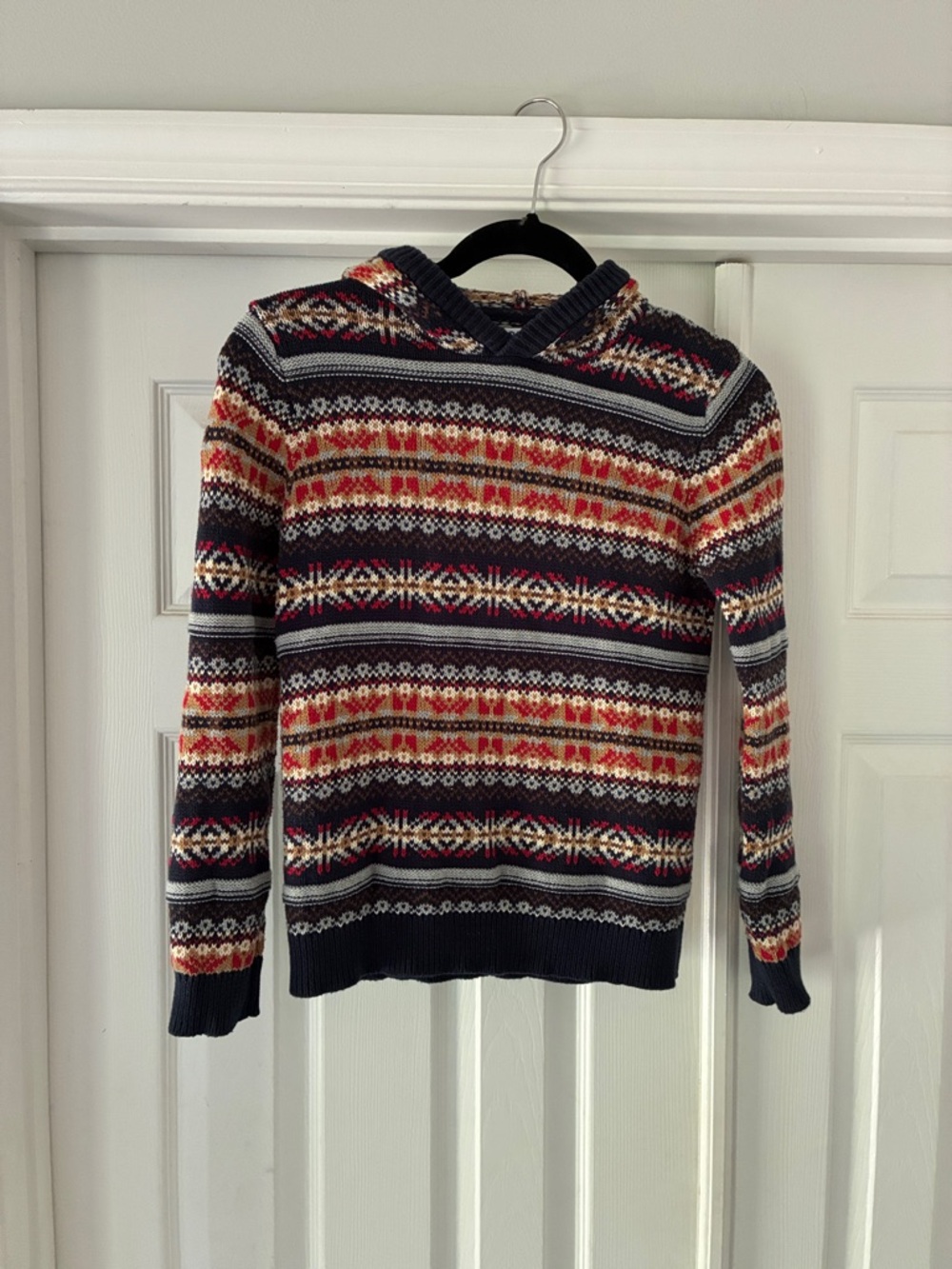 Old Navy Navy Fair Isle Hooded Sweater with Red and Cream Accents